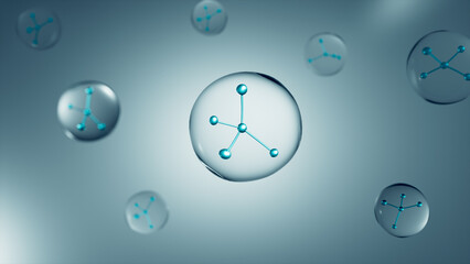 3D animation of a hyaluronic acid molecule inside a serum droplet, symbolizing deep hydration, skin elasticity, and advanced beauty technology.