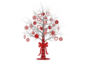 Small christmas tree decorated with red ornaments and a bow isolated on transparent background