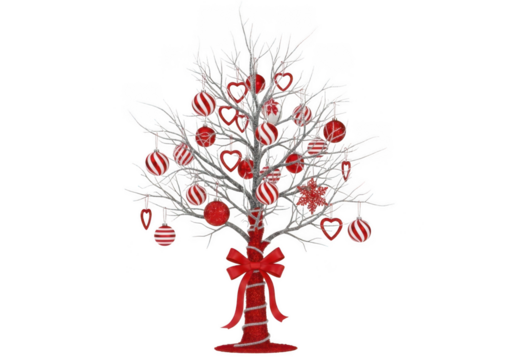 Small christmas tree decorated with red ornaments and a bow isolated on transparent background