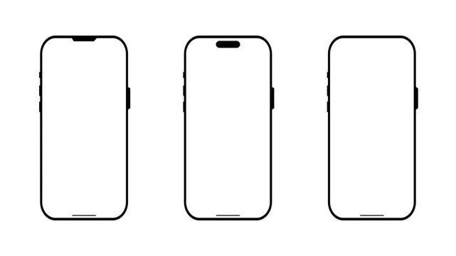 Three modern smartphone outlines with blank screens and notches showcasing minimalist design and technology concepts for app development and digital marketing presentations