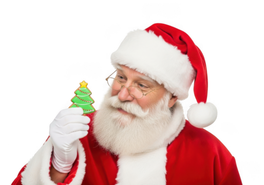Santa claus wearing glasses and holding a small christmas tree cookie, isolated on transparent background - Powered by Adobe