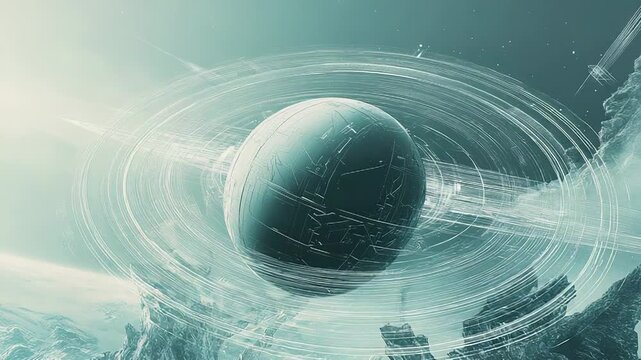 Futuristic sci fi planet with technology rings orbiting alien landscape