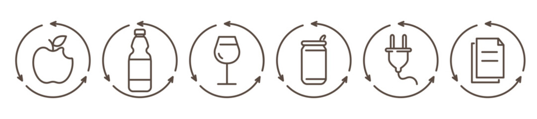 Recycle icons for product labels. Set of material types: 100% recycled paper, metal, plastic, glass, organic waste, e-waste. Vector symbols for packaging, eco labeling, and sustainability design.