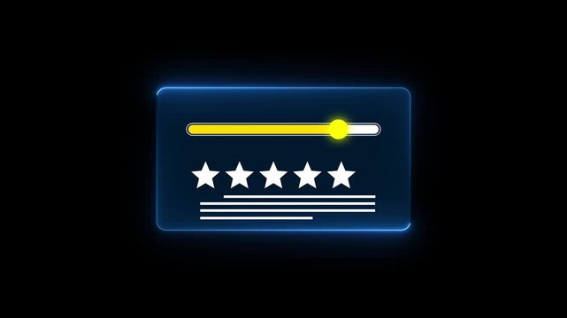 Glowing neon interface element displaying a progress bar and five star rating system with text lines on a dark background representing user feedback and performance metrics