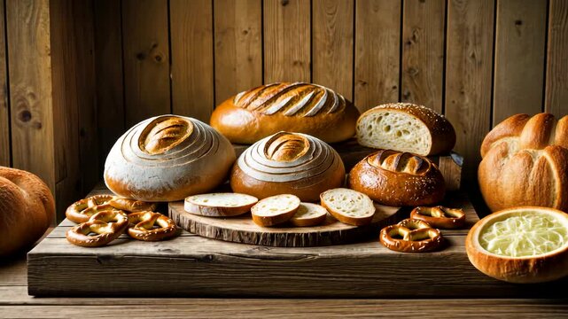 Assorted bread loaves and sliced pastries arranged on wooden board against rustic wood background