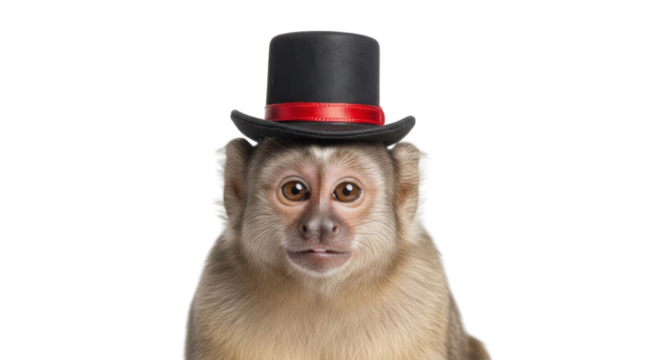Funny monkey wearing a tiny black top hat with red band isolated PNG with Transparent Background