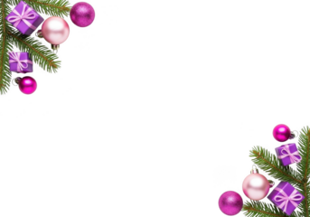 Christmas tree corner decoration with purple ornaments and gift boxes isolated on transparent background