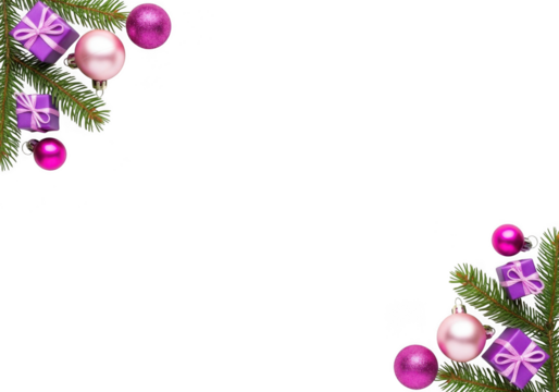 Christmas tree corner decoration with purple ornaments and gift boxes isolated on transparent background