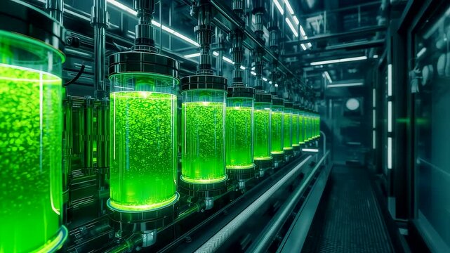 Glowing Green Algae Bioreactors in Modern Biotechnology Laboratory with Industrial Lighting