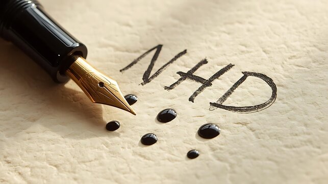 Fountain Pen Writing "NHD" Initials on Aged Paper with Ink Drops