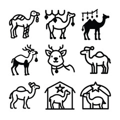 Set of christmas nativity scene icons with camels and reindeer