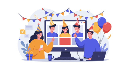 People Virtual Party on Computer Screen