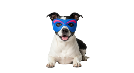 Happy dog wearing a blue superhero mask isolated PNG with Transparent Background