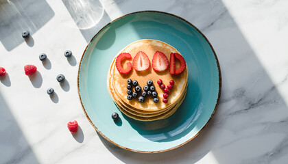 "Good Day" message made with fresh fruits on breakfast pancakes