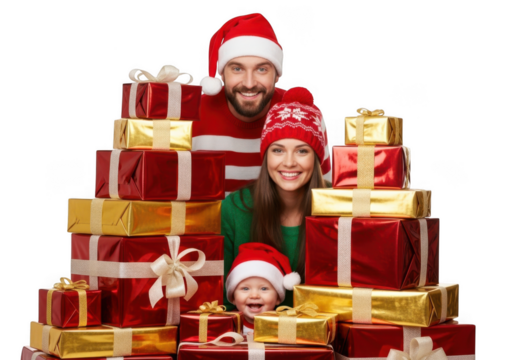 Happy family with a baby surrounded by christmas presents, isolated on transparent background