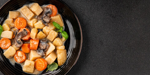 Potato stew mushrooms and vegetables natural tasty snack fresh delicious gourmet food background on the table rustic top view copy space keto and paleo diet vegerian and vegan food