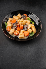 Potato stew mushrooms and vegetables natural tasty snack fresh delicious gourmet food background on the table rustic top view copy space keto and paleo diet vegerian and vegan food