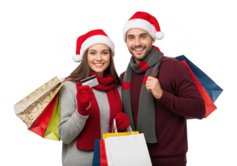 Couple in santa hats with shopping bags and credit card, isolated on transparent background