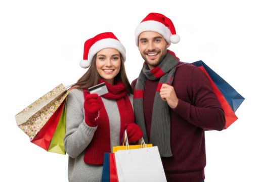 Couple in santa hats with shopping bags and credit card, isolated on transparent background