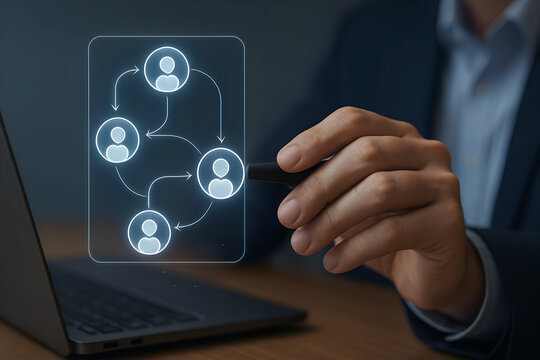 Business network diagram with people icons and arrows
