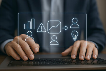 Business process flow with icons and hands on keyboard