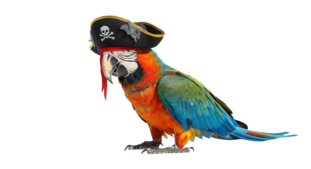 Colorful macaw parrot wearing pirate hat isolated PNG with Transparent Background