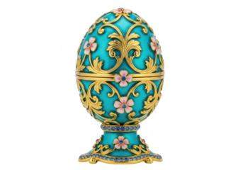 Ornate faberg	astyle egg with intricate gold filigree and floral enamel details, isolated on transparent background