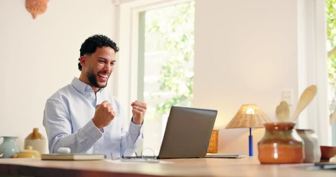 Happy man, laptop and winning with fist pump in home for promotion, bonus or salary increase. Excited, male person or remote work with smile, computer or good news for prize or success in house