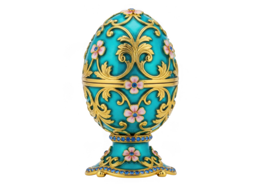 Ornate faberg	astyle egg with intricate gold filigree and floral enamel details, isolated on transparent background