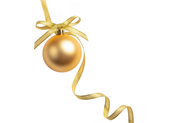 Golden christmas bauble with a yellow ribbon and bow, isolated on transparent background