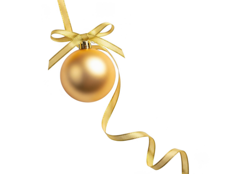 Golden christmas bauble with a yellow ribbon and bow, isolated on transparent background