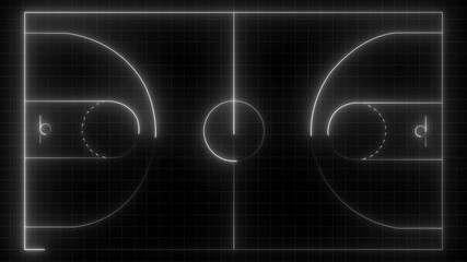 Neon basketball court diagram glowing white lines on black grid background digital animation abstract sports strategy planning game analysis technology concept - Powered by Adobe
