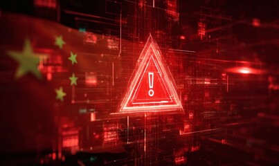 Fototapeta premium Cybersecurity alert concept with digital warning signs and Chinese flag overlay on red background symbolizing internet system threat or data attack risk. 