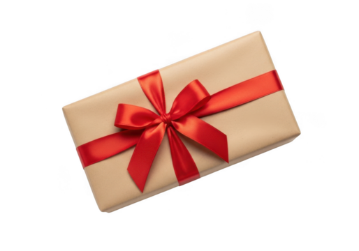 A gift box wrapped in brown paper and tied with a red ribbon and bow, isolated on transparent background