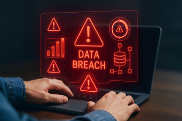 Data Breach Warning Hologram on Laptop Screen cybersecurity