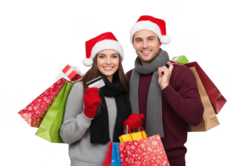 Couple in santa hats holding shopping bags and credit card during christmas season isolated on transparent background