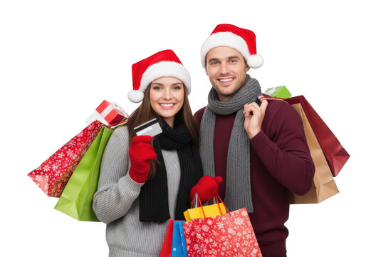 Couple in santa hats holding shopping bags and credit card during christmas season isolated on transparent background