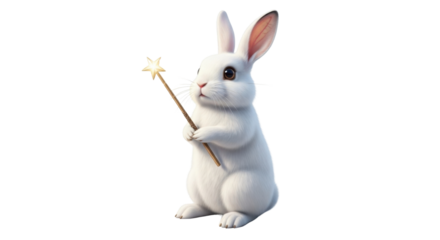 Cute white rabbit holding a magic wand isolated PNG with Transparent Background