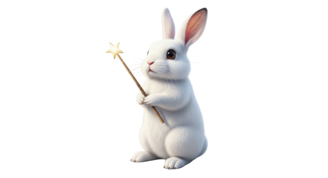 Cute white rabbit standing and holding a magic wand isolated PNG with Transparent Background