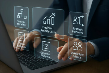 Strategic decision making with icons and laptop strategy