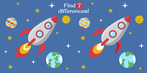 Find the difference, children's task, space, rocket, stars, planets, Earth, Moon, puzzle, development, children, kindergarten