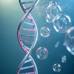 A blue liquid bubble with a transparent illustration of a science dna helix pattern on a light aqua wallpaper design