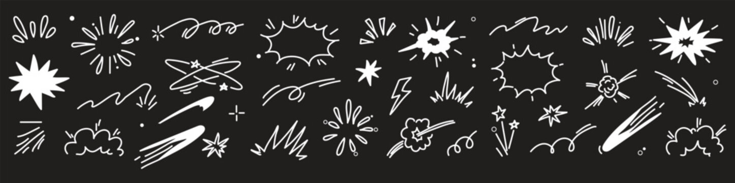 Comic cartoon line explosive effect, speed burst motion element set. Comic boom burst, explosive smoke, line speed cartoon element icon. Hand drawn sketch action boom effect. Vector illustration