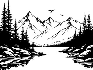 Mountain Lake Wilderness Illustration