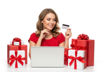 Young woman in red shirt holding credit card and looking at laptop surrounded by gift boxes, isolated on transparent background