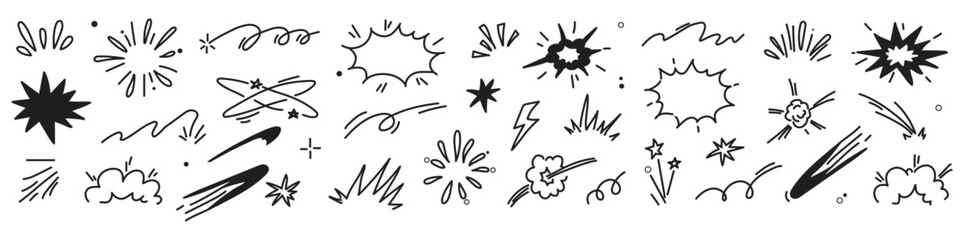 Comic cartoon line explosive effect, speed burst motion element set. Comic boom burst, explosive smoke, line speed cartoon element icon. Hand drawn sketch action boom effect. Vector illustration
