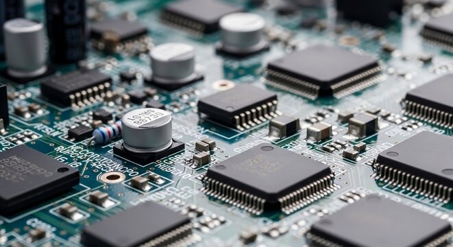 Close-up view of electronic circuit board with microchips and components.