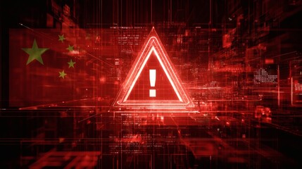 Fototapeta premium Cybersecurity alert concept with digital warning signs and Chinese flag overlay on red background symbolizing internet system threat or data attack risk. 