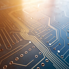 Printed circuit board background showing a digital motherboard with electronic chips, hardware, and network connections