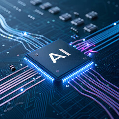 Macro view of a digital electronic circuit board with a central processor chip for computer hardware technology
